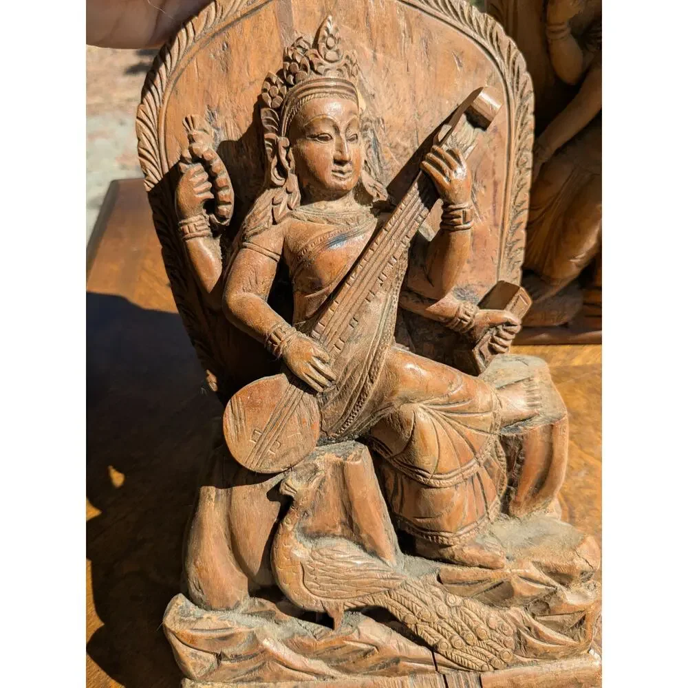 Pair Vintage Hand-Carved Wood Indian Goddess - Saraswati & Gayatri - 12